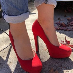 red suede platform pumps